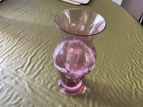 Etched cranberry glass vase - cranberry,