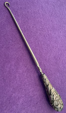 Antique 9.7" Silver Button Hook Boot Shoe or Corset Pull Leaf Design Not Marked