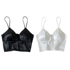 Women Sexy Satin Spaghetti Strap Bralette Deep V-Neck Solid Color Cami Crop Top