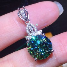 Handmade 8MM Round Blue Green Moissanite Gemstone Silver Women Necklace Pendant