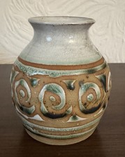 Vintage Unique Handmade Pilling Pottery Studio Green Grey Vase 3.5”