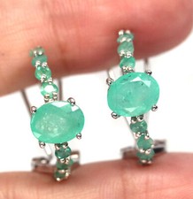 7 X 9 mm. Oval With Round Green Emerald Earrings Silver 925 Sterling