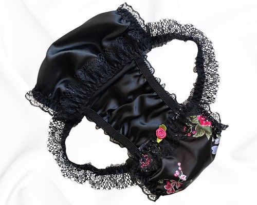Black satin floral silky sissy - floral,