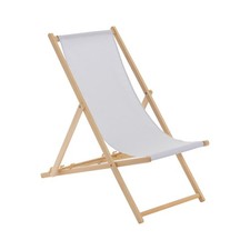 Folding Wooden Deck Chair Adjustable Reclining Canvas Beach Lounger Light Grey