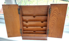 Vintage small slope fronted stationery cabinet, letter rack, oak writing box