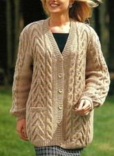 1473 LADYS ARAN LONG CABLED CARDIGAN KNITTING PATTERN 32-46" 81-117cm