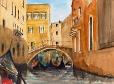 Ron Gerrard Original Watercolour Painting, Italy, Venice Gondolier & Bridge View