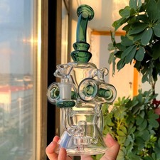 Dark Green Recycler Glass Water Pipe Thick Hookah Bubbler Smoking Rig 14mm Bowl