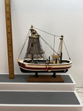 Vintage Hand Made Wooden Model Of A Fishing Boat, Shrimp Trawler, 10” Vessel