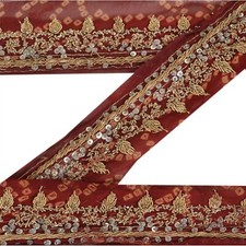 Sanskriti Vintage Bandhani Sari Border Hand Beaded 1 Yd Trim Ribbon Maroon Lace