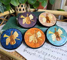 Vintage Coasters Italian Inlaid Wood 5 Violin Music Sheet Musician Rare
