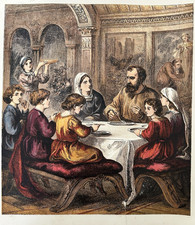 Antique Print 1872 Victorian Engraving | Family Meal Toy Book Keepsake