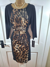 Frank Lyman Black Animal Print Lined Stretchy Belted Dress, UK 14, New with Tag