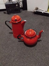 Red Vintage Enamel Tea Pot Small Poland  Black Trim Retro