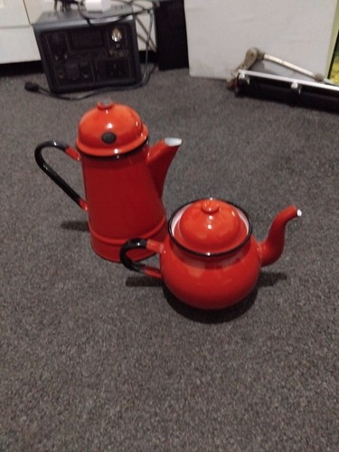 Red vintage enamel tea pot - red,