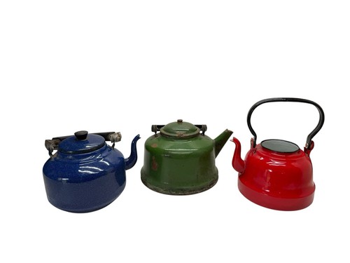 Three vintage enamel - , kettles