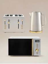 Kettle Toaster Microwave Kitchen Appliances Set Silver Steel Stylish Modern Gift