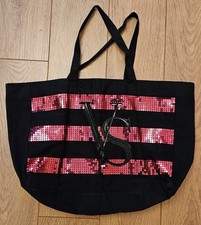 Victoria’s Secret Large Weekender Beach Swim Black Tote Bag Pink Sparkly Sequin