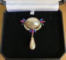 Vintage Faux Pearl & Colourful Rhinestone Drop Brooch In Gold Tone
