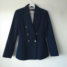 Zara Classic Navy Blue Textured Double Breasted Blazer Jacket S Small 8 10