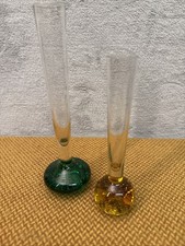 2 x Vintage Controlled Bubble Glass Stem Vase - Green & Amber 21cm & 17cm