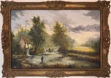 Large oil painting Landscape Mill pond and fisherman signed  antique style frame