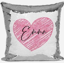 Personalised Heart Any Name Magic Reveal Silver Sequin Cushion Cover Gift 1