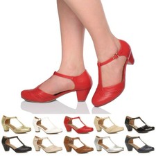 WOMENS LADIES LOW MID HEEL T-BAR MARY JANE 50'S 60'S BROGUES COMFORT WORK SHOES