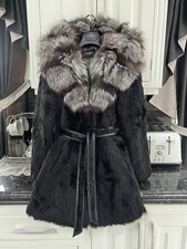 Ladies Real Rabbit Fur And Silver Fox Fur Hooded Trench Coat Jacket Suit 6/8/10