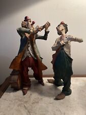 Armani Italian Porcelain Clowns Playing Violin; SIgned On Drum 12x8. Pair