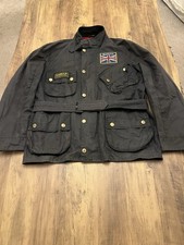 Mens black Barbour International Union Jack Waxed Jacket. Size Medium, Belted
