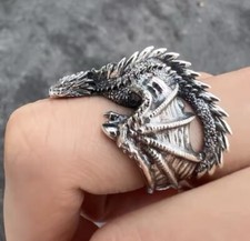 Adjustable Ring Silver Big Dragon Fit Any Size Pterosaur  Vintage Gothic Punk