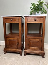 Pair Antique French Carved Marble Top Bedside Cabinet Cupboards Drawers