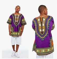 Unisex Dashiki African Tribal Print Caftan Shirt Purple Large man women