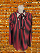 WOMENS ZARA UK MEDIUM M RED/BLACK STRIPE LONG SLEEVE PUSSYBOW WORK BLOUSE TUNIC