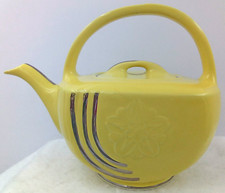 Hall Novelty Basket Teapot Canary Yellow Platinum Trim Deco 6C USA 0519P