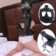 Unisex Leather Straightjacket Bondage Wear Body Harness Mask Hood Leg Binder