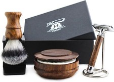 Wooden 5pc Shaving Kit Safety DE Safety Razor Badger Brush Stand Bowl Soap