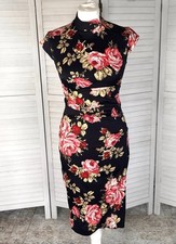 Karen Millen UK 10 Vintage Oriental Floral Stretch Pencil Dress Obi Xmas Party