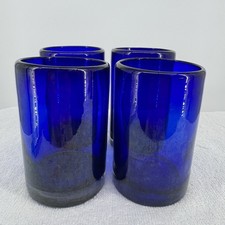 Cobalt Blue Hand Blown Glass Mexico Short Tumbler Drinking Glasses 6pc Lot 5.25"