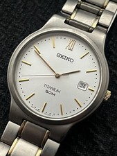 Seiko Titanium Mens Silver-Gold Vintage Watch V732-0S30 Date