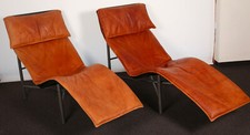 A pair of tan leather Skye Loungers by Tord Björklund for Ikea (1980s)