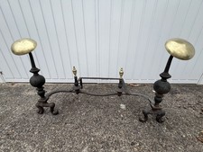 ANTIQUE VICTORIAN BRASS BLACK CANNONBALL FIREPLACE FIREDOGS ANDIRONS FENDER