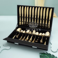 Luxury 92-Pc Gold Cutlery Set for 12 | Gold-Plated Stainless Flatware Gift  Box