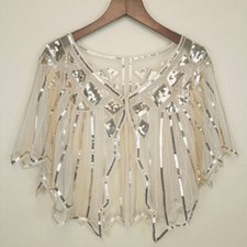 ❤️Vintage Gold Women 1920s Shawl Wraps Sequin Evening Cape Bridal Bolero Flapper