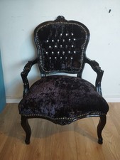 French Louis Antique Button Back Chair Lounge, Parlour, Bedroom Black Seat