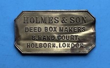 c1930s THIN BRASS PLAQUE: HOLMES & SON, DEED BOX MAKERS, HOLBORN, LONDON
