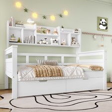 Daybed White 3ft Single Platform Bed Frame with 2 Storage Drawers, Side Bookcase