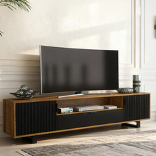 200cm TV Unit Oak & Black Fluted Doors | Drawer & Shelves | Metal Frame Cabinet