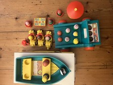 Vintage Fisher Price CAMPER VAN play family BOAT people PICNIC SET motorbikes